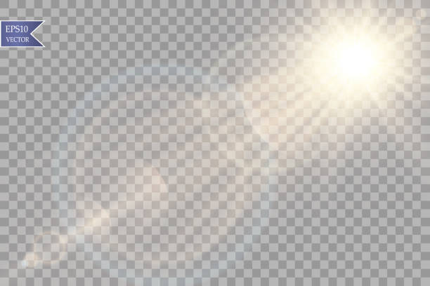 vektor transparent sonnenlicht spezialoptik flare lichteffekt. sonne mit strahlen flash und scheinwerfer - sun stock-grafiken, -clipart, -cartoons und -symbole