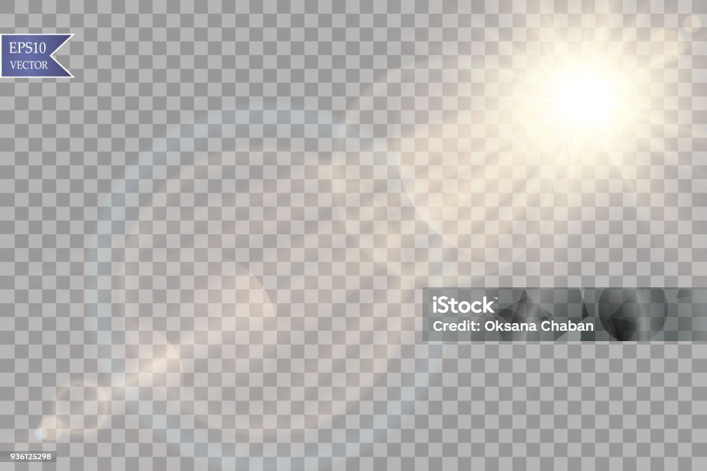 Vecteur du soleil transparent lentille spéciale évasé effet de lumière. Sun flash avec rayons et projecteurs - clipart vectoriel de Halo lumineux libre de droits
