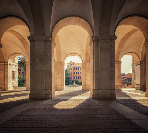A view of a balcony with arches in Spoleto historic center, Umbria, Italy