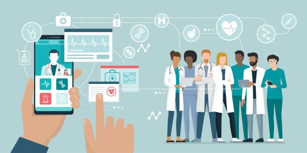 Medical team and healthcare app User video calling a doctor using and healthcare app on his smartphone and professional medical team connected: online medical consultation concept medical occupation stock illustrations