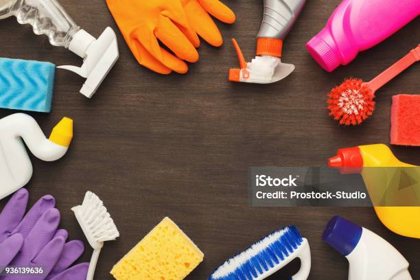 Various Cleaning Supplies Housekeeping Background Stock Photo - Download Image Now - Cleaning, Service, Backgrounds