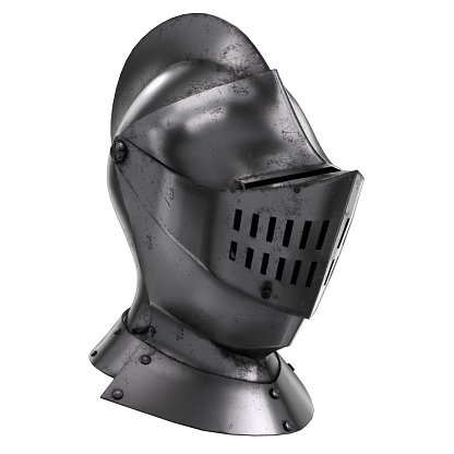 Medieval Knight Armet Helmet with visor. Perspective view. Used for tournaments or battlefields. 3D render Illustration Isolated on white background.