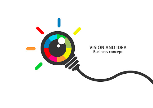 Vision and idea. Colorful eye bulb sign business concept. Flat vector.
