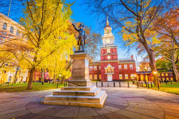 Philadelphia, Pennsylvania, USA at historic Independence Hall during autumn season.