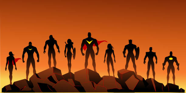 Vector Superheroes Team on Rocks vector art illustration