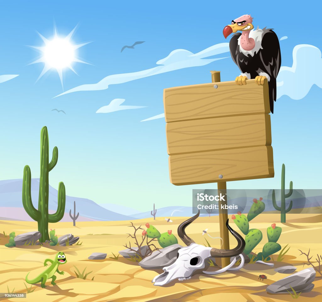 Vulture Sitting On A Wooden Sign In The Desert A vulture sitting on a blank wooden sign in front of a barren desert landscape. In the foreground are rocks, a cow skull and a lizard, and in the background are hills and mountains, cactuses and a bright, hot sun in a cloudy blue sky. Vector illustration with space for text. Wild West stock vector