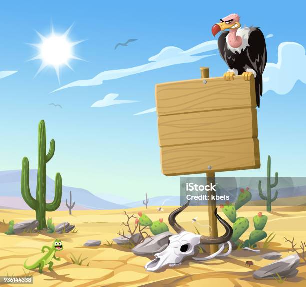 Vulture Sitting On A Wooden Sign In The Desert Stock Illustration - Download Image Now - Wild West, Desert Area, Backgrounds