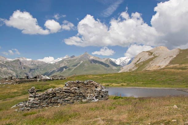 In the Savoy Alps Ruins of dilapidated stone houses idyllically situated on a small mountain lake in the Grajischen Alps rumex alpinus stock pictures, royalty-free photos & images