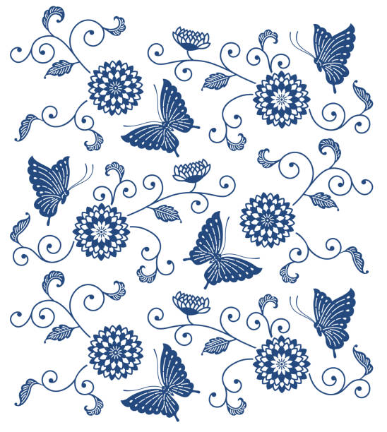 indigo blau blumenmuster mit schmetterlingen im japanischen stil - stipes stock-grafiken, -clipart, -cartoons und -symbole