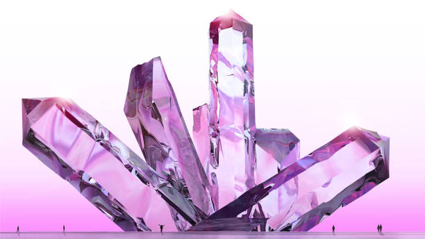 istock Fantasy landscape, crystals, amethyst, quartz, light, sun, people in backlight in a science fiction landscape, big crystals 936147926