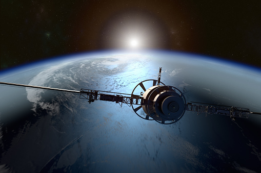 3D rendering of a satellite orbiting the earth