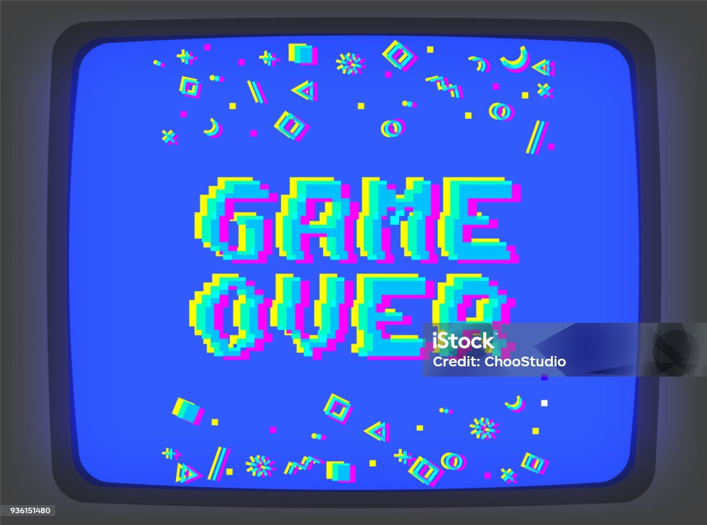 Vector game over pixel glitch Vector game over phrase in pixel art 8 bit style with glitch VHS effect. Three color half-shifted letters. Ocassional pixels and modern geometric decor elements around placed on old blue TV screen Video Game stock vector