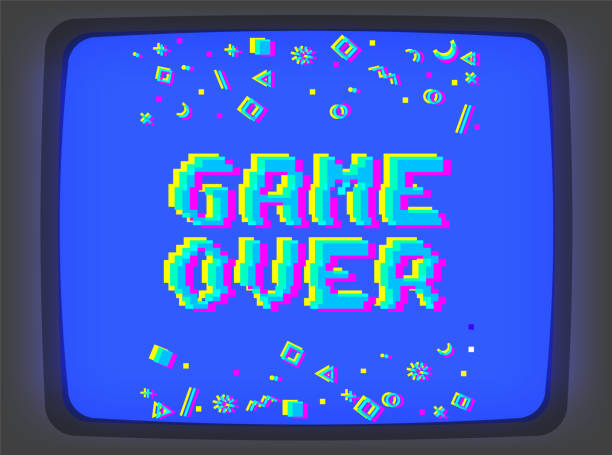 Vector game over pixel glitch Vector game over phrase in pixel art 8 bit style with glitch VHS effect. Three color half-shifted letters. Ocassional pixels and modern geometric decor elements around placed on old blue TV screen television industry illustrations stock illustrations