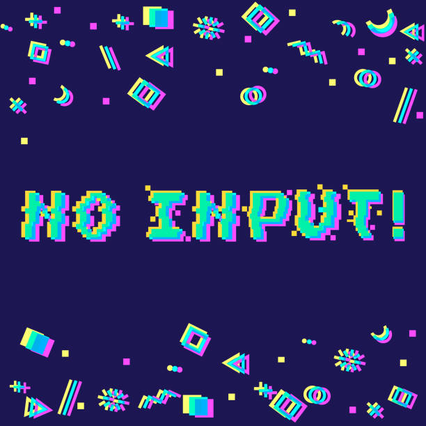 Vector no input pixel glitch Vector no input phrase in pixel art 8 bit style with glitch VHS effect. Three color half-shifted letters. Ocassional pixels and geometric style decor elements. Gaming concept channel input stock illustrations
