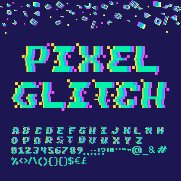 Pixel glitch alphabet Vector 8-bit pixel art English alphabet with glitch VHS effect. Letters, numbers and symbols distorted font stock illustrations
