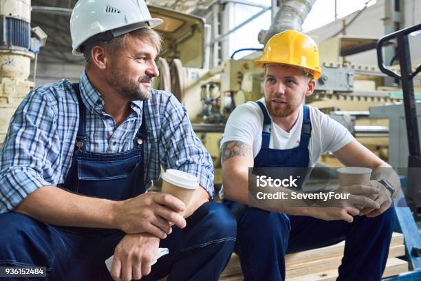 Two Workers On Coffee Break Stock Photo - Download Image Now - Construction Worker, Blue-collar Worker, Coffee - Drink