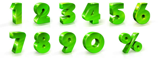 zielone błyszczące liczby i zestaw znaków procentowych. ilustracja w stylu 3d - note 2 stock illustrations