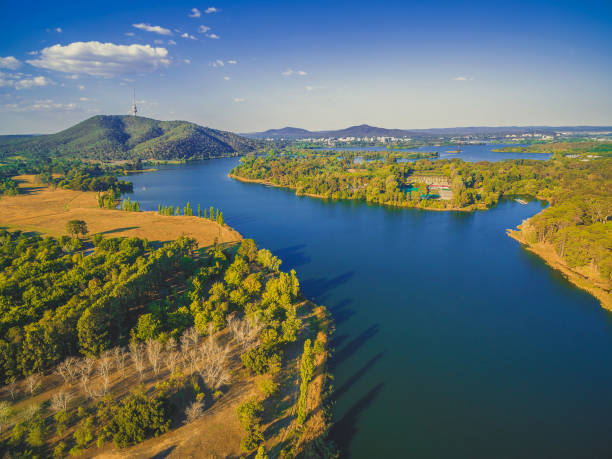 Lake Burley Griffin and iconic Telstra Tower at sunset. Canberra, ACT, Australia