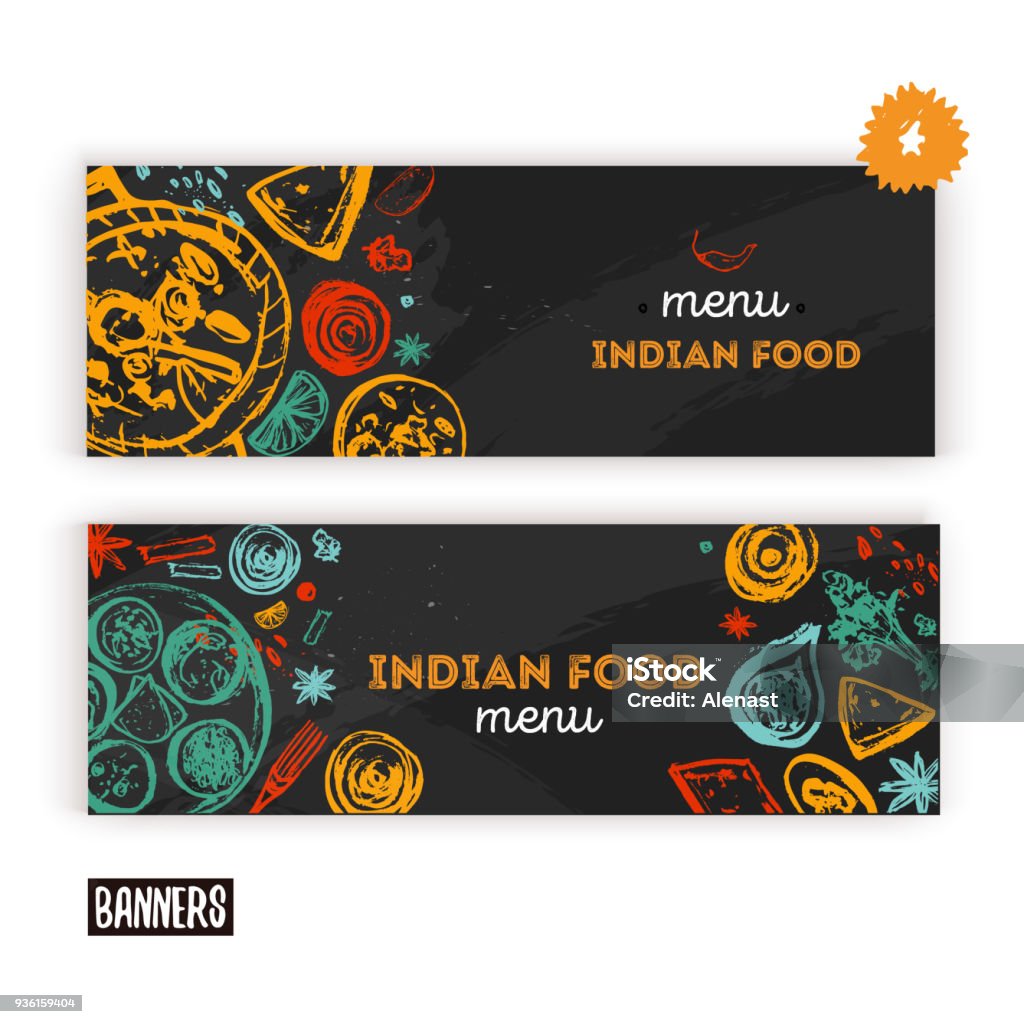 Fondo del menú de la comida India con letras. Flyer de bosquejo moderno para café. - arte vectorial de Alimento libre de derechos