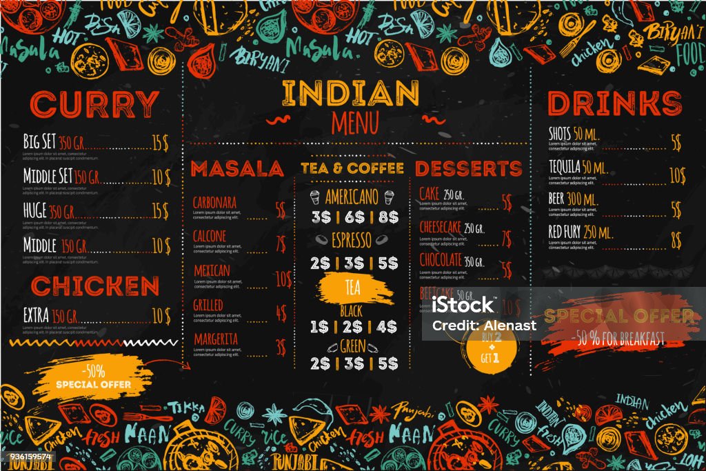 Conception de menus de cuisine indienne dessinés à la main avec des croquis et des lettres. Peut être utilisé pour les bannières, promo - clipart vectoriel de Menu libre de droits