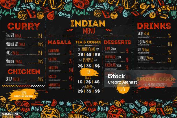Hand Drawn Indian Food Menu Design With Rough Sketches And Lettering Can Be Used For Banners Promo Stock Illustration - Download Image Now