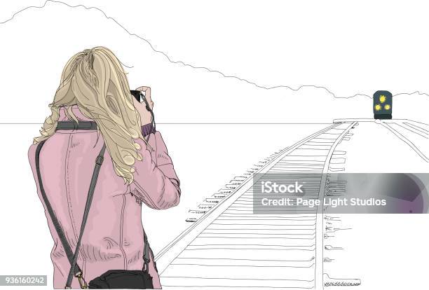Vector Illustration Woman Taking A Photo Of A Train Stock Illustration - Download Image Now
