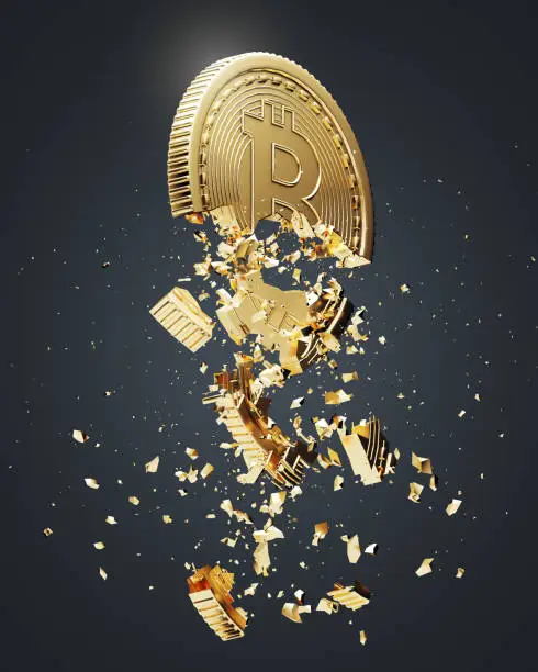 Gold bitcoin falling apart. Concept of a cryptocurrency market crisis. A black background. A side view. 3d rendering mock up