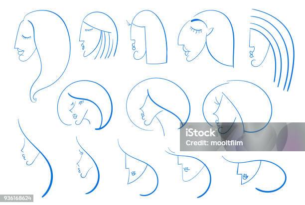 Beautiful Woman Heads Set Stock Illustration - Download Image Now - Single Line, Only Women, Outline
