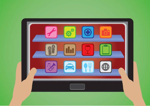 komputer typu tablet z ikonami aplikacji - religious icon interface icons globe symbol stock illustrations