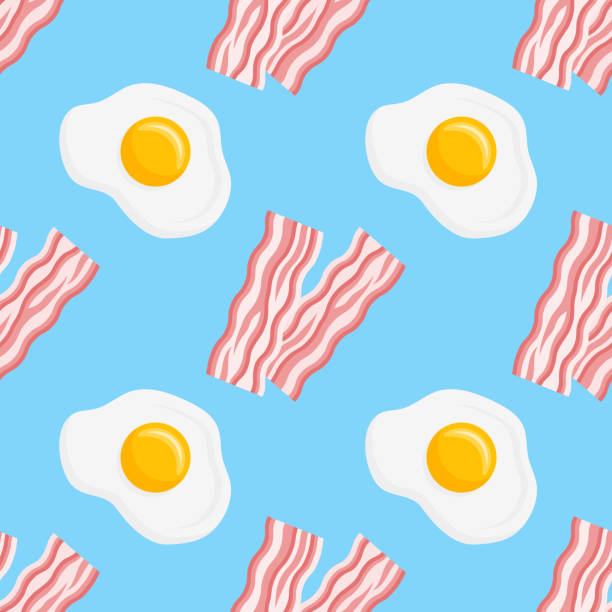 Seamless pattern with bacon strips and fried eggs. Vector texture. Seamless pattern with bacon strips and fried eggs on blue background. Vector texture. breakfast background stock illustrations