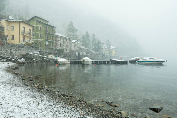 snowing over a village in the Como Lake
