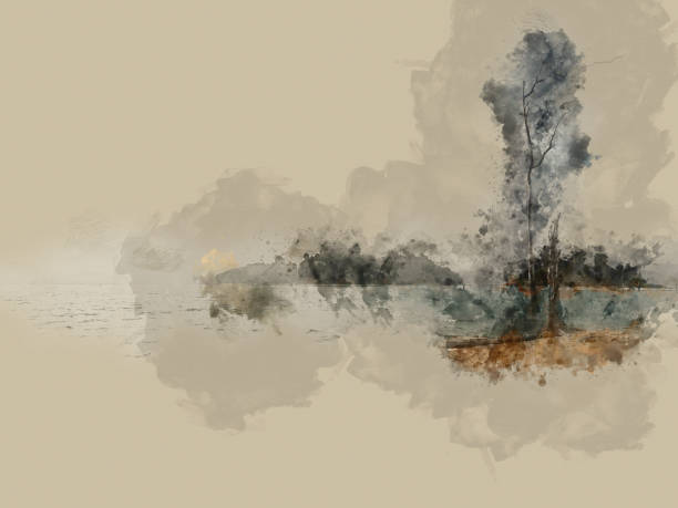 istock Abstract beautiful mountain silhouette, soft wave river and soft sunlight on oil watercolor painting background. 936186374