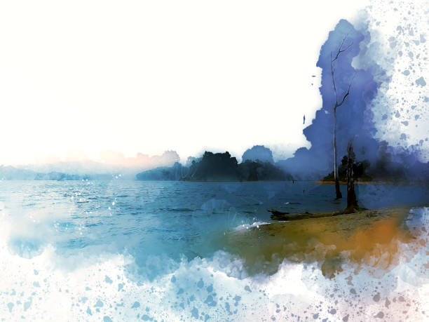 istock Abstract beautiful mountain silhouette, soft wave river and soft sunlight on oil watercolor painting background. 936186842