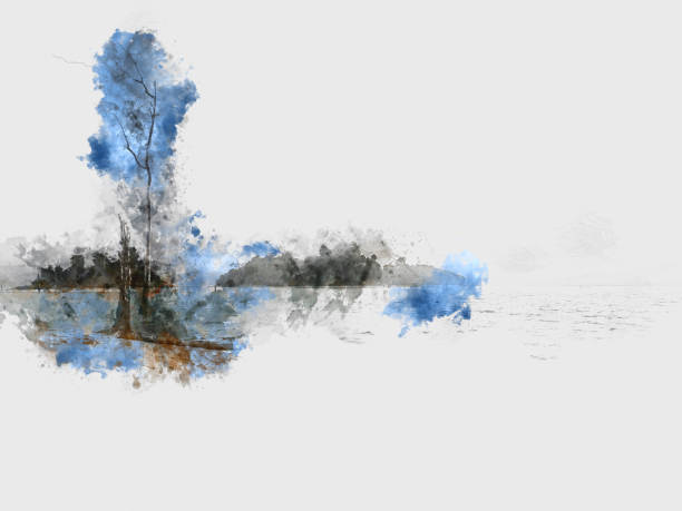istock Abstract beautiful mountain silhouette, soft wave river and soft sunlight on oil watercolor painting background. 936186986