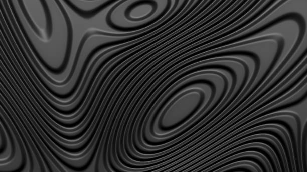Stylish black colored background with flowing lines. Abstract topographic map contour background. Black stripe pattern background. Smoothly illuminated plastic texture, 3d render illustration.