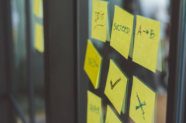 istock yellow sticky note with text on success and right and wrong sign stuck on glass wall. 936194994