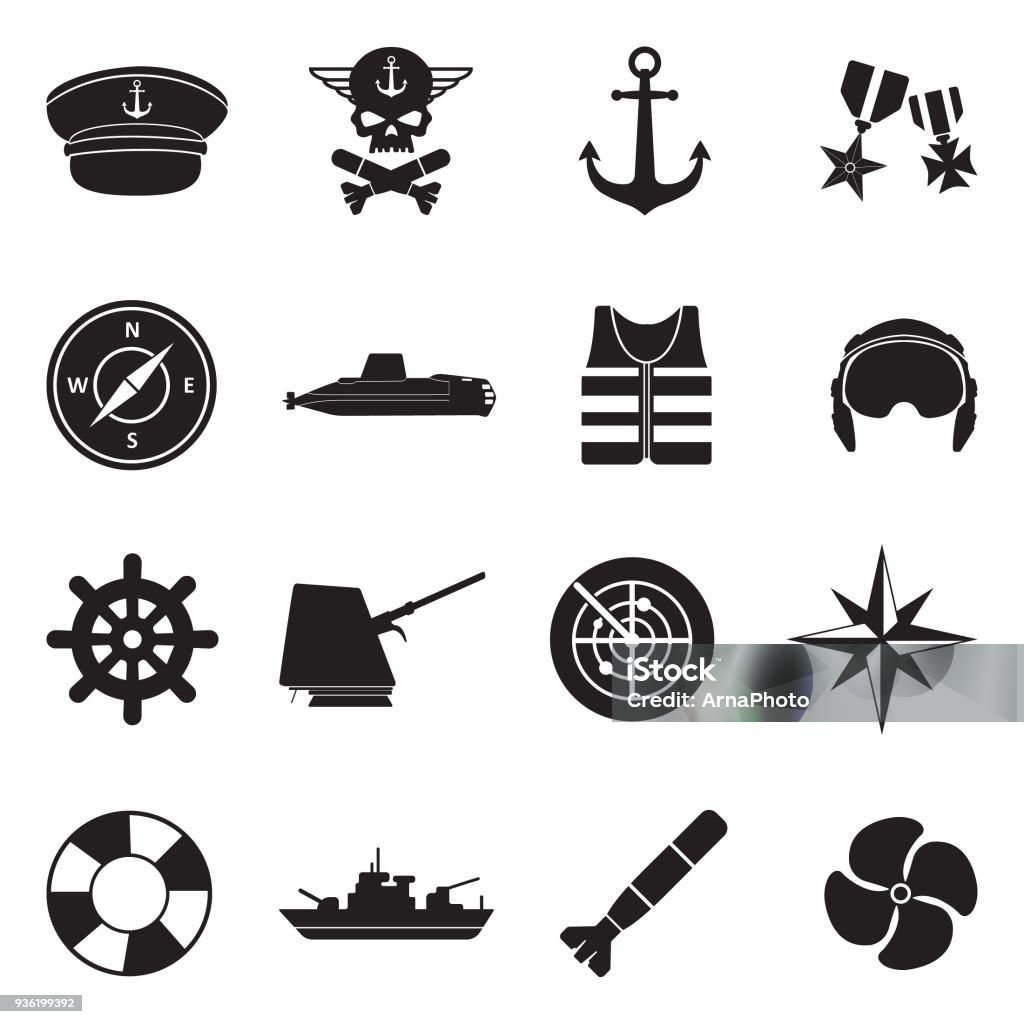 Navy Icons. Black Flat Design. Vector Illustration. Navy, Sea, Naval, Ship, Submarine Icon Symbol stock vector