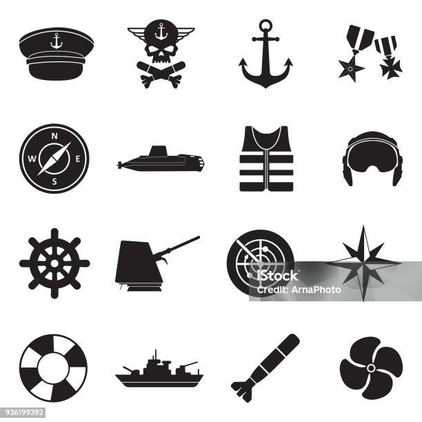 Navy Icons Black Flat Design Vector Illustration Stock Illustration - Download Image Now