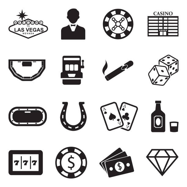 Las Vegas And Casino Icons. Black Flat Design. Vector Illustration. Casino, Gambling, Las Vegas, Roulette, Cards, Dices las vegas stock illustrations