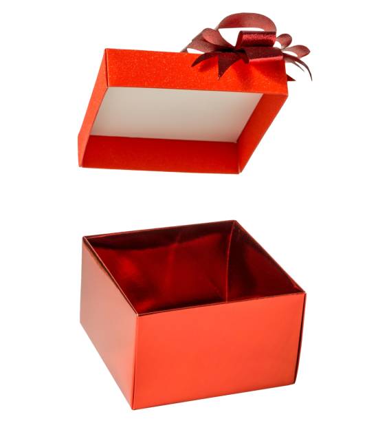 istock Open red gift box floating glitter lid and bow on white background 936213004