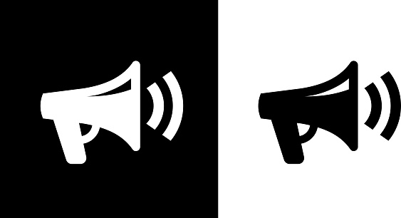 Megaphone IconThis royalty free vector illustration features the main icon on both white and black backgrounds. The image is black and white and had the background rendered with the main icon. The illustration is simple yet very conceptual.