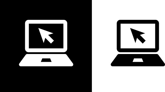 Laptop Computer IconThis royalty free vector illustration features the main icon on both white and black backgrounds. The image is black and white and had the background rendered with the main icon. The illustration is simple yet very conceptual.