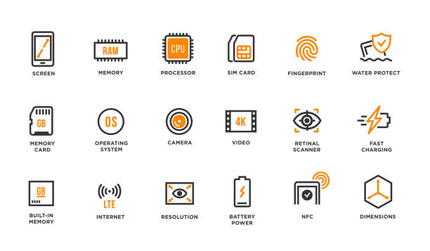 illustrazioni stock, clip art, cartoni animati e icone di tendenza di set di icone vettoriali componenti per dispositivi mobili - random access memory