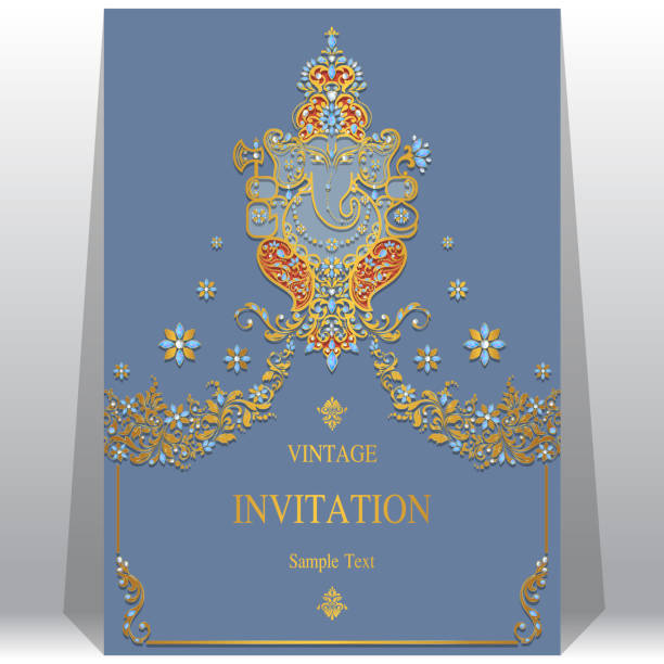 Invitation card templates with gold Ganesha patterned and crystals on paper color Background. Invitation card templates with gold Ganesha patterned and crystals on paper color Background. ganesha god thailand india stock illustrations