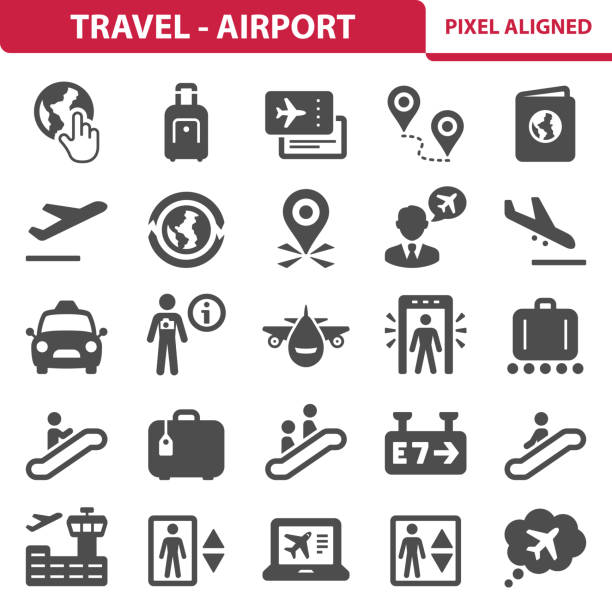 ilustraciones, imágenes clip art, dibujos animados e iconos de stock de viajes - aeropuerto los iconos - equipaje con ruedas