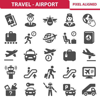 Professional, pixel aligned icons depicting various travel and airport concepts. EPS 8 format.