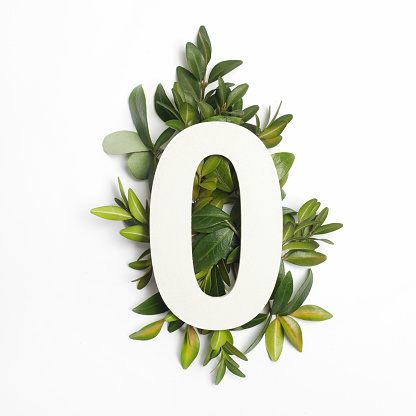 Number zero shape with green leaves. Nature concept. Flat lay.