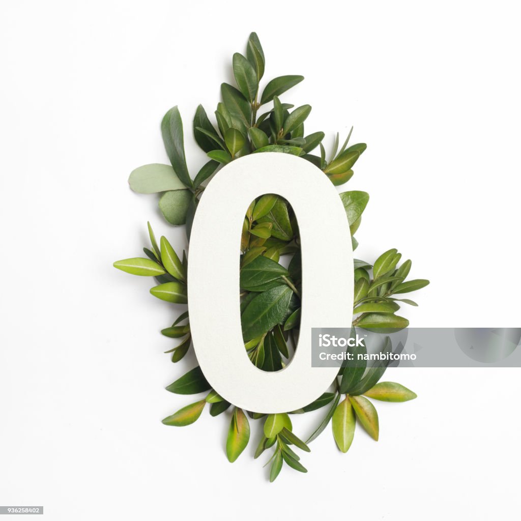 Number zero shape with green leaves. Nature concept. Flat lay. Top view Number zero shape with green leaves. Nature concept. Flat lay. Leaf Stock Photo