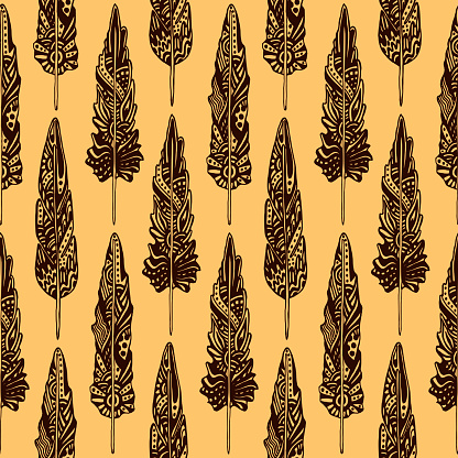 Brown And Beige Seamless Pattern With Aztec Feathers