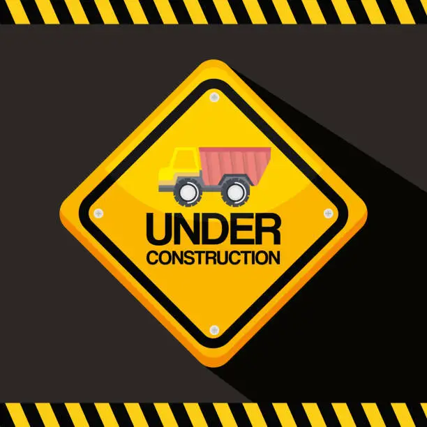 Vector illustration of under construction road sign with truck vehicle